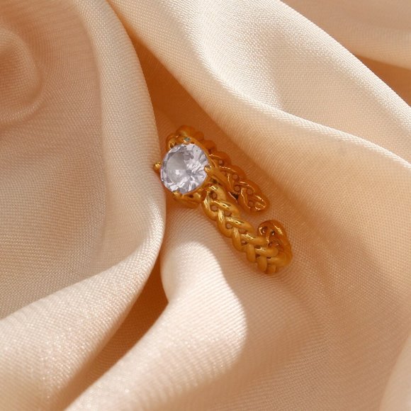 Clear Cubic Zirconia Woven Chain‎ Adjustable Ring 18K Gold Plating Steel - Picture 5 of 13